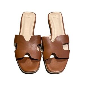 A New Day Nina Cognac Brown Faux Leather Slide Sandals Women’s 9 Flat Slip-on